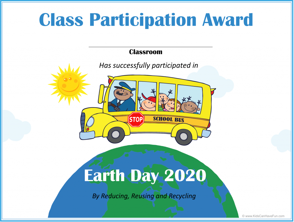 Earth Day Class Participation Award with bus driver and kids in a school bus driving over the earth