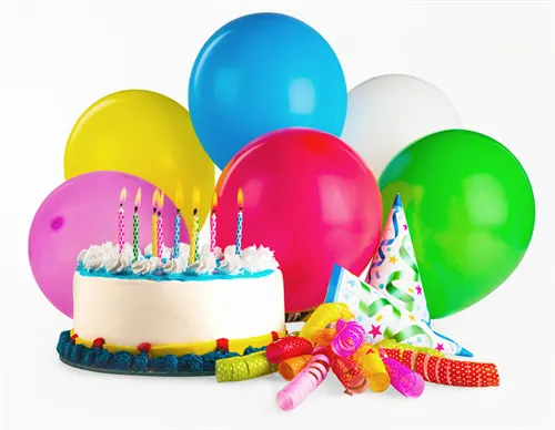 Party balloons with cake &amp; candles, streamers, party hat